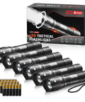Six Pack LED Flashlights With High Lumens Pocket Size Three Modes Battery Powered Adjustable Focus Waterproof displayed with batteries