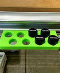 Premium Bench Dog Storage Rack For Festool Mft Three Table Side Mount Holder with eight 20Mm dog pins in green organizer.