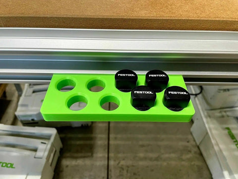 Premium Bench Dog Storage Rack For Festool Mft Three Table Side Mount Holder with eight 20Mm dog pins in green organizer.