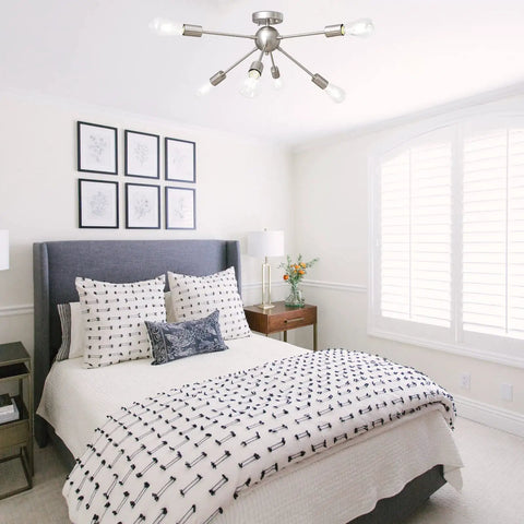 Sputnik Chandelier Light Fixture Six Lights In Brushed Nickel For A Modern Dope Living Room Bedroom Kitchen And Dining Area Mid Century Starburst Design Pre Wired Arms For Easy Ceiling Install in bedroom