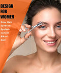 Woman using Facial Hair Scissors And Grooming Kit For Guys And Gals With Curved Safety Tip Clippers for eyebrow trimming.