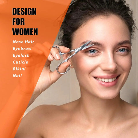 Woman using Facial Hair Scissors And Grooming Kit For Guys And Gals With Curved Safety Tip Clippers for eyebrow trimming.