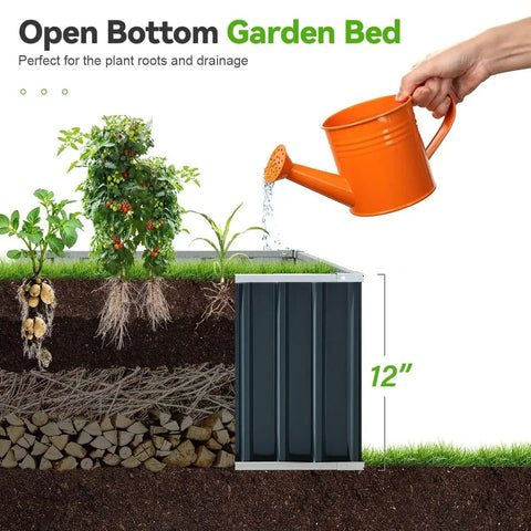 Cross-section of 12-inch galvanized steel raised garden bed with vegetables, showing soil layers, part of 2-pack garden kit
