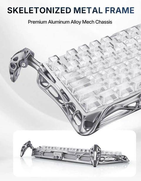 75 Percent Compact Wireless Mechanical Gaming Keyboard Featuring Hot Swap Switches Ridiculously Solid Aluminum Frame Sleek Skeleton Design close-up of metal frame and keys.