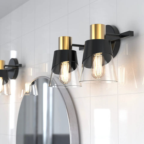 Over Mirror Vanity Light Fixture With Black And Gold Finish 2 Light Wall Lamp 13 Inch Beveled Edge Clear Glass Shades Modern Farmhouse Style