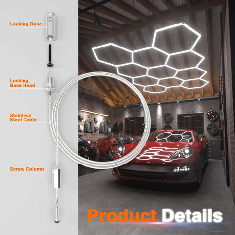 8 Pack Hexagon Garage Light Hanging Kit With Adjustable 1.0M Stainless Steel Suspension Wire Rope Heavy Duty 1.5mm Cables in garage