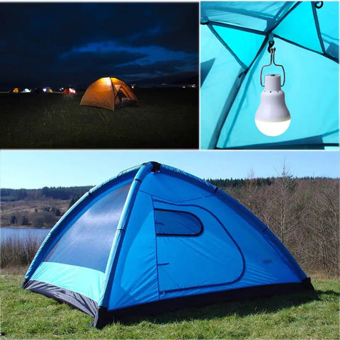 Solar Powered Lamp With Remote Control hanging in tent, illuminating night fishing setup, showcasing efficient solar panel charging