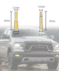 Two brass antenna adapters with dimensions above a truck showcasing 13 Piece Truck Antenna Adapter Kit With 11 Screws And 2 Rubber Washers.