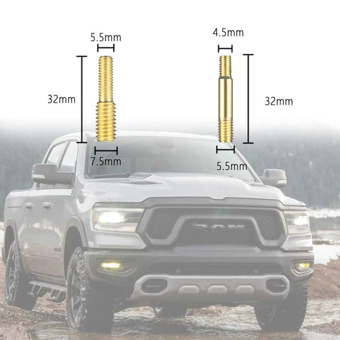 Two brass antenna adapters with dimensions above a truck showcasing 13 Piece Truck Antenna Adapter Kit With 11 Screws And 2 Rubber Washers.