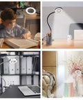 Multiple views of Clip On Desk Lamp With 48 LED Lights, Clamp On Reading Light With 3 Color Modes And 10 Brightness Levels, used on desks and headboards