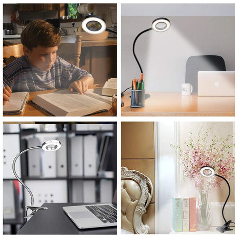 Multiple views of Clip On Desk Lamp With 48 LED Lights, Clamp On Reading Light With 3 Color Modes And 10 Brightness Levels, used on desks and headboards