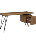 Top Shelf Solid Acacia Standing Desk With Smart Storage For Home Office Or Craft Corner Featuring Rock Solid Iron Hairpin Legs and open drawers.