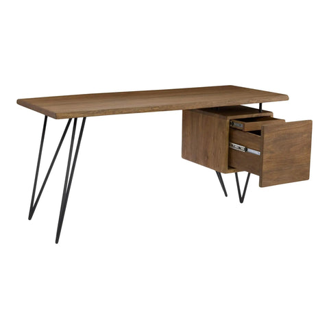 Top Shelf Solid Acacia Standing Desk With Smart Storage For Home Office Or Craft Corner Featuring Rock Solid Iron Hairpin Legs and open drawers.