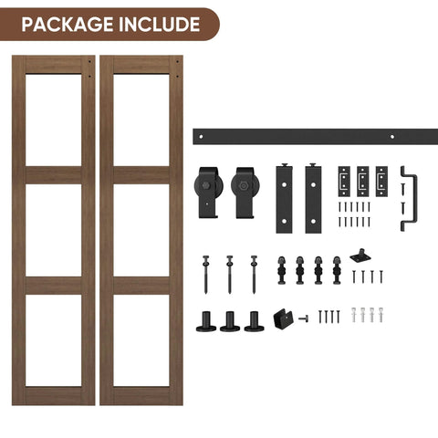 32 Inch Bifold Glass Barn Door Kit With Hardware Included, wood panels, frosted glass inserts, carbon steel track system