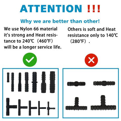 Image comparing Nylon 66 material with others, showing heat resistance at 240°C for 63 Piece Rubber Vacuum Hose End Cap Kit in Seven Sizes.