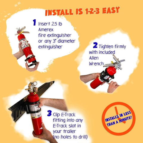 E Track Fire Extinguisher Bracket installation steps with 2.5 lb Amerex extinguisher, Allen wrench, and E-Track fitting for trucks.