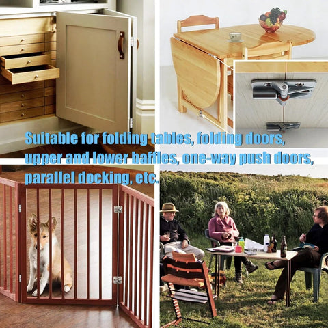 Anteisi locking hinges collage: 180° adjustable small-torque hinges for folding tables and bi-fold doors.
