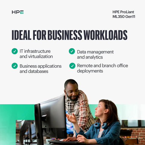 HPE ProLiant ML350 Gen11 features ideal for business workloads with professionals discussing IT solutions.