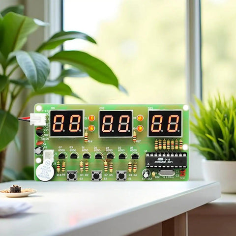 Six Digit LED Digital Clock DIY Kit For Arduino Projects, Hands On Soldering Practice Board With AT89C2051 MCU, FR4 PCB on table