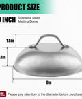 2 Pack Heavy Duty 9 Inch Cheese Melting Dome Stainless Steel Griddle Cover For Flat Top Griddle Grilling Melting Dome Indoor Outdoor Use Rust Resistant Matte Finish 6mm Thick Basting Steaming Dome displayed with dimensions.