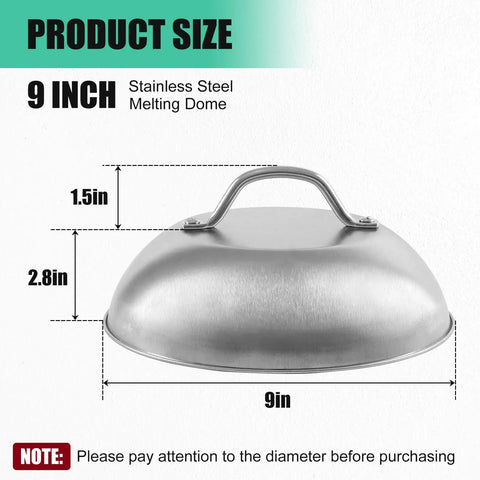2 Pack Heavy Duty 9 Inch Cheese Melting Dome Stainless Steel Griddle Cover For Flat Top Griddle Grilling Melting Dome Indoor Outdoor Use Rust Resistant Matte Finish 6mm Thick Basting Steaming Dome displayed with dimensions.