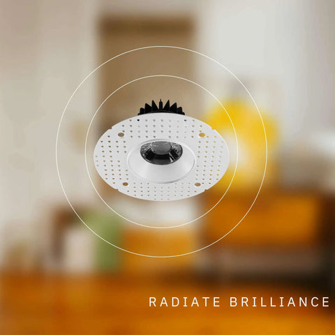 Trimless 3.5 Inch Round LED Recessed Downlight Luminaire, Dimmable, 12W, 60 Degree Beam, 1100 Lumens shown on blurred background