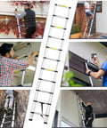 Collage of Telescopic Aluminum Extension Ladder 12.5 Ft being used in various home and outdoor projects, showcasing versatility.