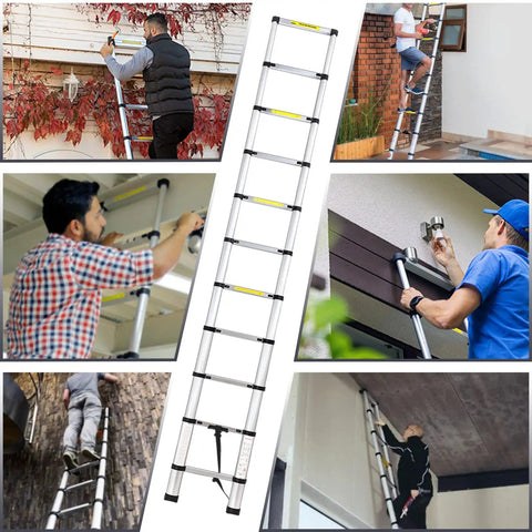 Collage of Telescopic Aluminum Extension Ladder 12.5 Ft being used in various home and outdoor projects, showcasing versatility.