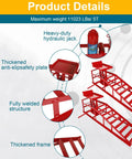 Red Hydraulic Car Ramps 5 Ton Heavy Duty Steel Car Lift Ramps With Hydraulic Jack For Oil Changes And Truck Repair In The Garage Or On The Move Two Pack 11,000 Lbs Capacity, showing heavy-duty hydraulic jack and anti-slip features.