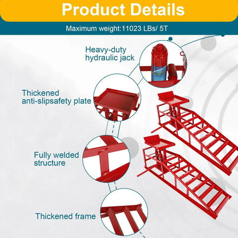 Red Hydraulic Car Ramps 5 Ton Heavy Duty Steel Car Lift Ramps With Hydraulic Jack For Oil Changes And Truck Repair In The Garage Or On The Move Two Pack 11,000 Lbs Capacity, showing heavy-duty hydraulic jack and anti-slip features.