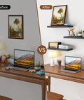 Before and after image of a workspace with Wall Floating Shelves, Wall Mounted Rustic Wood Shelves installed for decor and storage.
