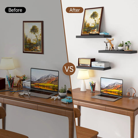 Before and after image of a workspace with Wall Floating Shelves, Wall Mounted Rustic Wood Shelves installed for decor and storage.