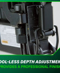 Close-up of tool-less depth adjustment on Narrow Crown Finish Stapler For Finishing And Cabinetry, 18 Gauge Pneumatic Nail Gun
