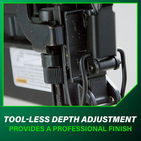 Close-up of tool-less depth adjustment on Narrow Crown Finish Stapler For Finishing And Cabinetry, 18 Gauge Pneumatic Nail Gun