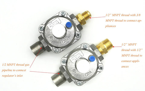 Two metal propane pressure regulators for lawn and patio with 1/2 MNPT inlet/outlet fittings and blue caps