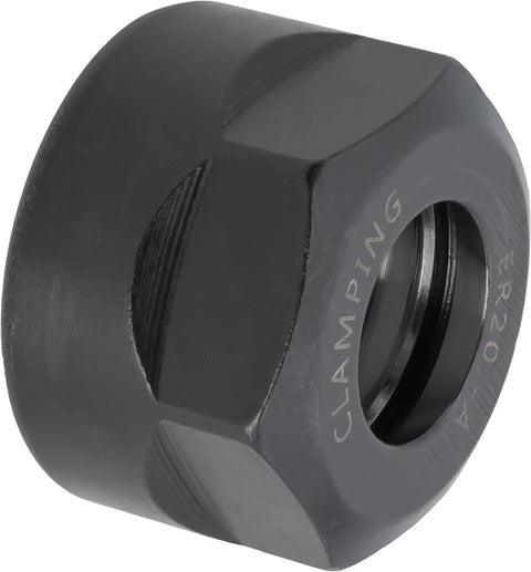 Close-up of an ER-20 collet nut, part of the 10 Piece High Speed ER-20 Collet Nut Set, M25 By 1.5mm Threaded, alloy steel construction.