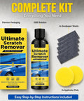Hassle Free Auto Scratch Remover And Polish Kit includes 100G solution, 4 sandpaper sheets, and 2 applicator pads.