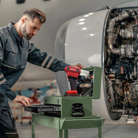 Top Shelf Rivet Gun Retention Nose Pieces 5 Pack With Dead On Sizing For Fast Aluminum And Steel Fixes No Sweat Compatibility Drops Right In For Cordless Rivet Tool Kits And Milwaukee 2550 used by a technician with a cordless riveter.