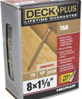 Tan Star Drive Composite Deck Screws Pre Drilled Countersunk Real Deal Fasteners For Wood Polymer Decking Heavy Duty Rust Proof Knockout Pull Tight Design Stops Cam Out Hassle Ready To Go Straight Up Solid Anchor 147 Piece Project Pack packaging showing tan screws and specifications.