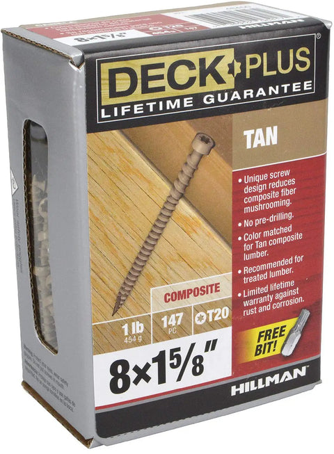 Tan Star Drive Composite Deck Screws Pre Drilled Countersunk Real Deal Fasteners For Wood Polymer Decking Heavy Duty Rust Proof Knockout Pull Tight Design Stops Cam Out Hassle Ready To Go Straight Up Solid Anchor 147 Piece Project Pack packaging showing tan screws and specifications.