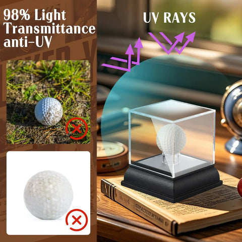 Lighted Golf Ball Display Case with UV protected clear acrylic cube and wood base on a table, protecting a golf ball from UV rays.