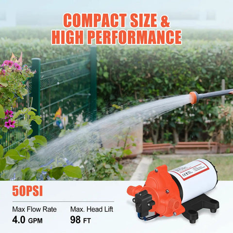 110V Electric Water Pressure Pump 4.0 GPM 50PSI Self Priming Diaphragm Booster watering plants with hose in garden.