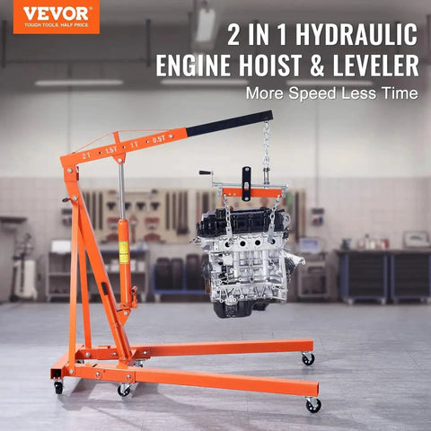 Heavy Duty Folding Shop Crane With Chain Ratchet Lever And Six Swivel Casters For Precision Engine Lifting Up To 1500 Lbs Capacity in workshop setting.