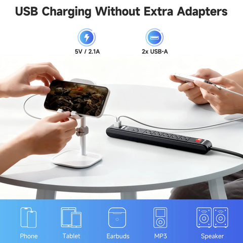Two Pack Six Outlet Surge Protector Power Strips With USB Ports Eight Foot Long Extension Cord ETL Listed 490 Joules Surge