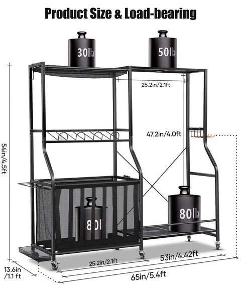 Heavy Duty Rolling Garage Organizer With Wheels For Indoor Sports Gear Storage Including Golf Bags Balls Bats Rackets Skates Mats And More All In One Storage Rack With Basket And Hooks Black Large showing dimensions and load-bearing capacity.