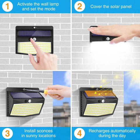 Steps to use Outdoor Solar Motion Sensor Lights 138 LED 10 Pack Waterproof Wall Lights including activation and installation