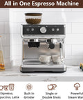 Heavy Hitter Espresso Machine With Built In Burr Grinder And Swift Milk Frother, 95 Oz Big Tank, 3 In 1 No Fuss Coffee Maker For Cappuccino Latte Top Shelf Silver with coffee beans and cups.