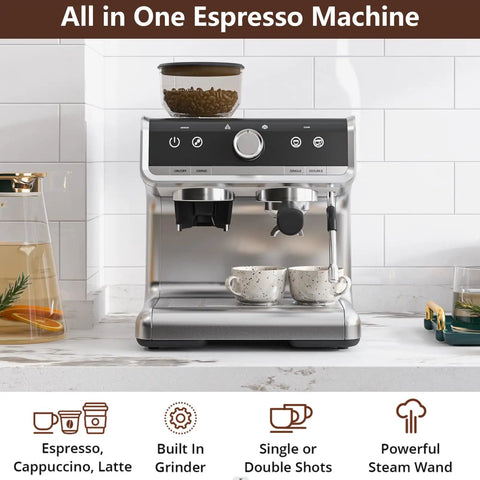 Heavy Hitter Espresso Machine With Built In Burr Grinder And Swift Milk Frother, 95 Oz Big Tank, 3 In 1 No Fuss Coffee Maker For Cappuccino Latte Top Shelf Silver with coffee beans and cups.