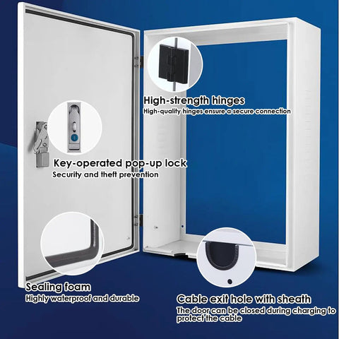 Heavy Duty Cold Rolled Steel Wall Mount Electric Vehicle Charger Cover with key lock and sealing foam for weatherproof security.