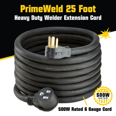 PrimeWeld 25 Foot Rugged Welder Extension Cord 50 Amp 250V SOOW Rated NEMA 6-50, coiled with plug ends